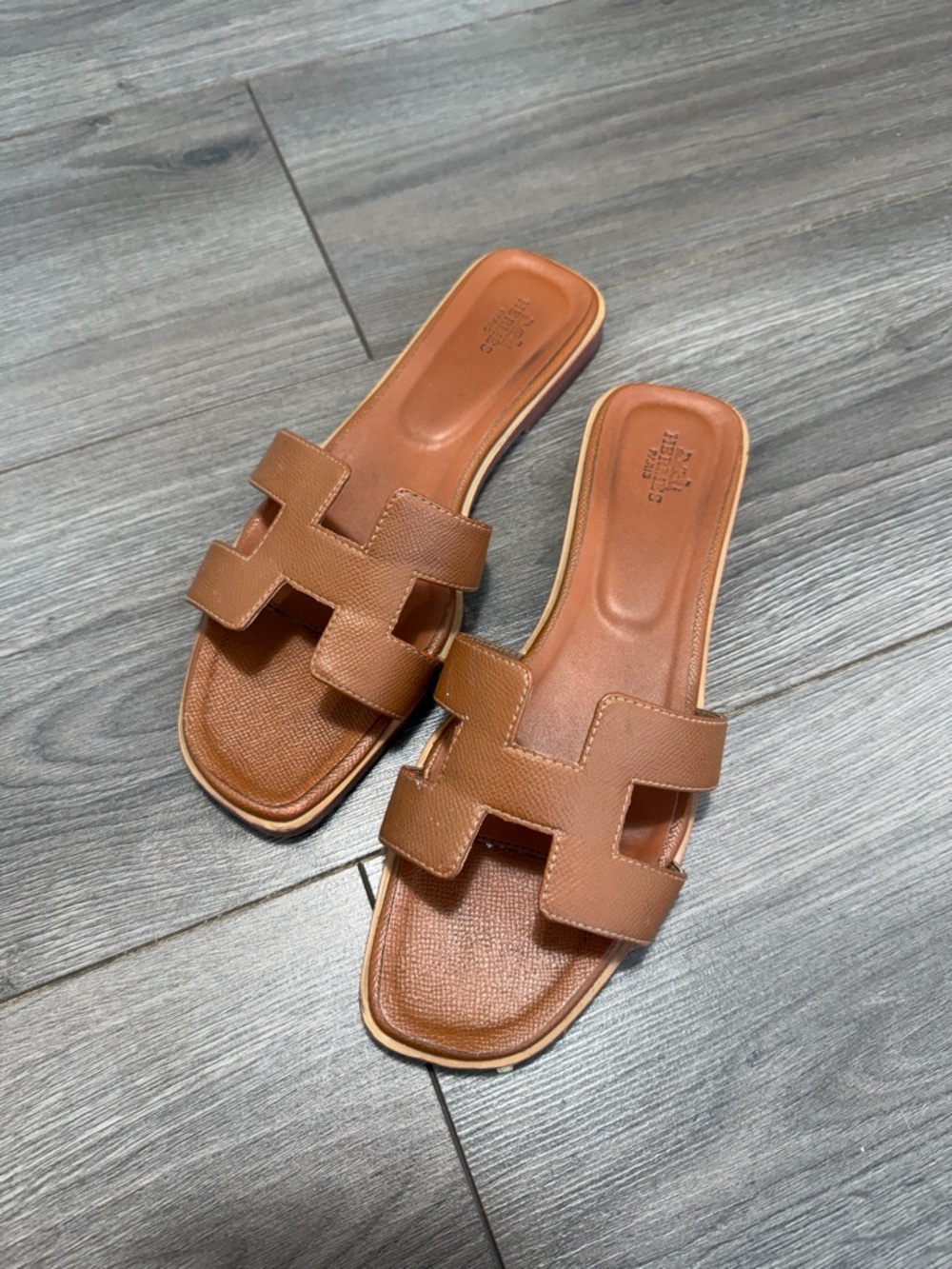 Hermes Oran Women's Brown Leather Slide Sandals